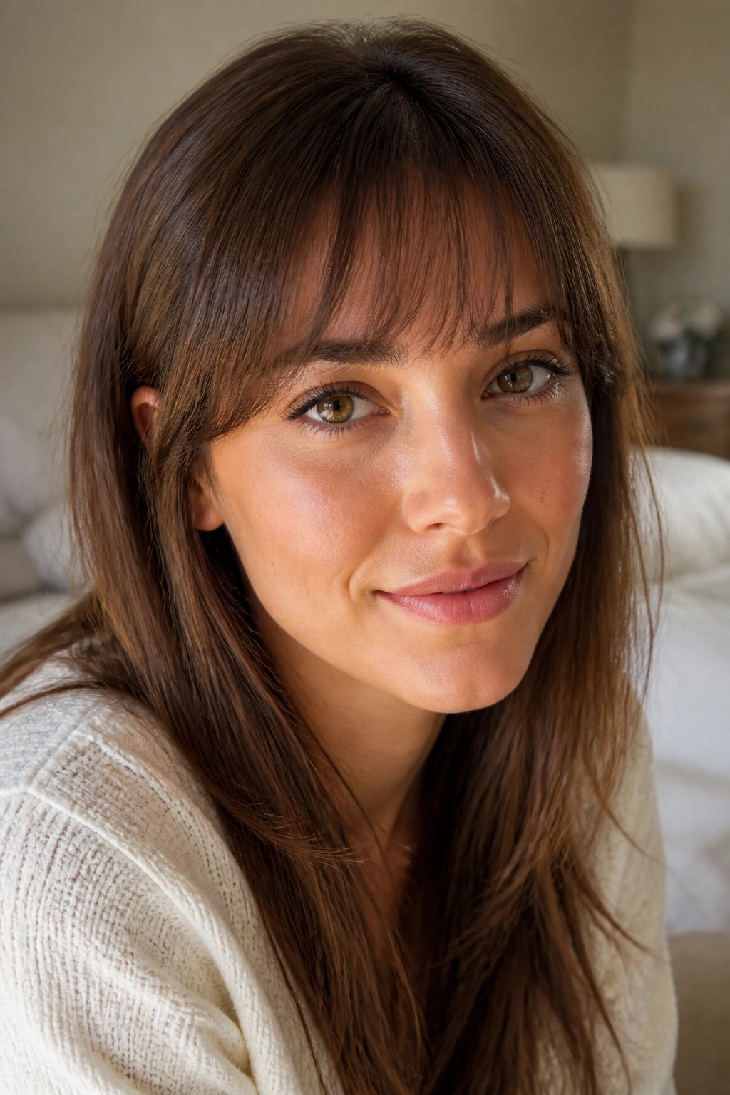 Close-up of a real woman wearing arched feathered bangs that follow the brow in warm window light