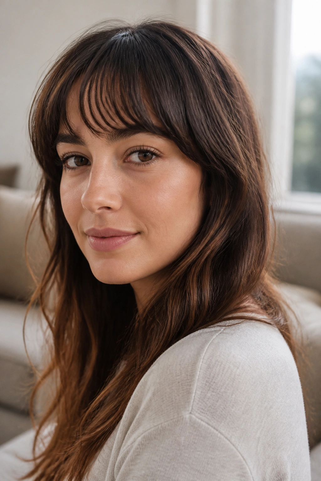 Close-up of a real woman with arched bangs following the brow line in warm window light