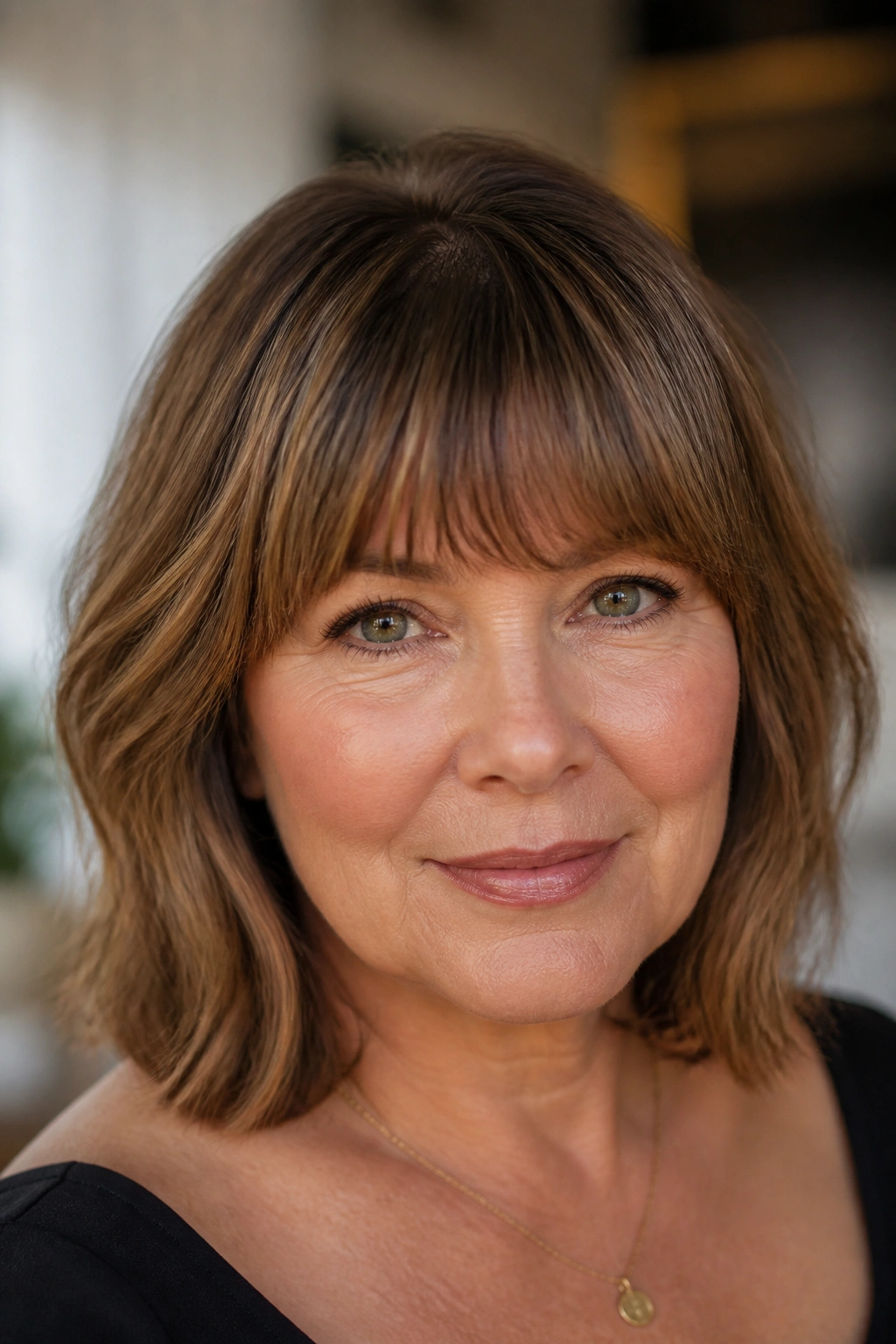 Close-up of a real woman with arched bangs grazing the eyebrows