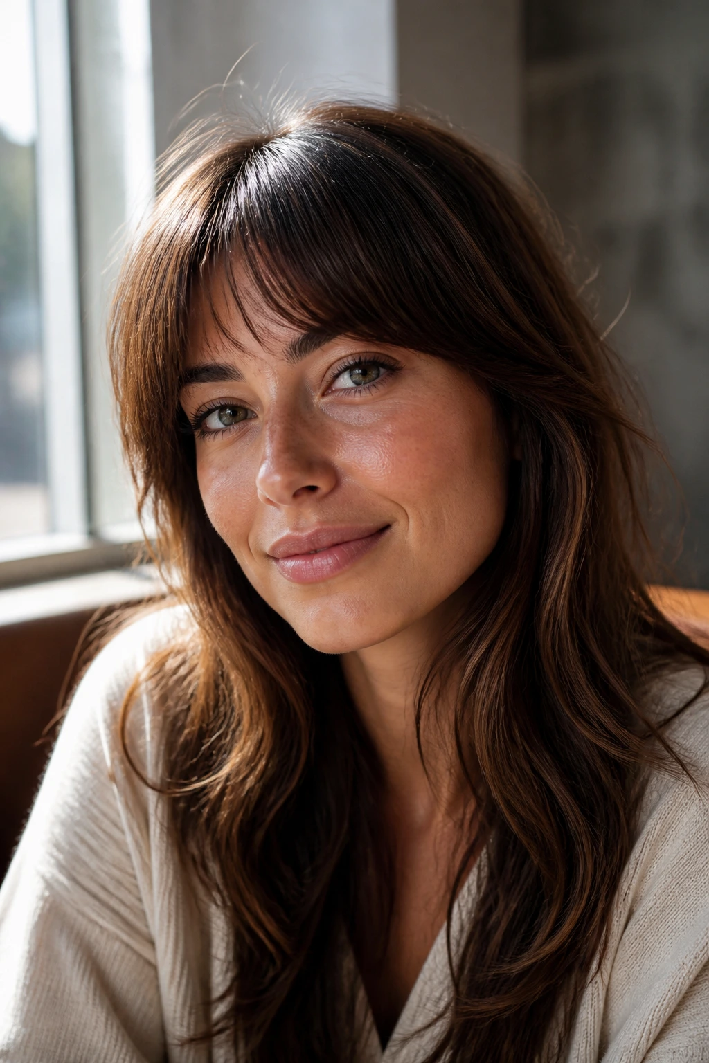 Close-up portrait of a real woman with arched bangs opening the eyes in soft sunlight