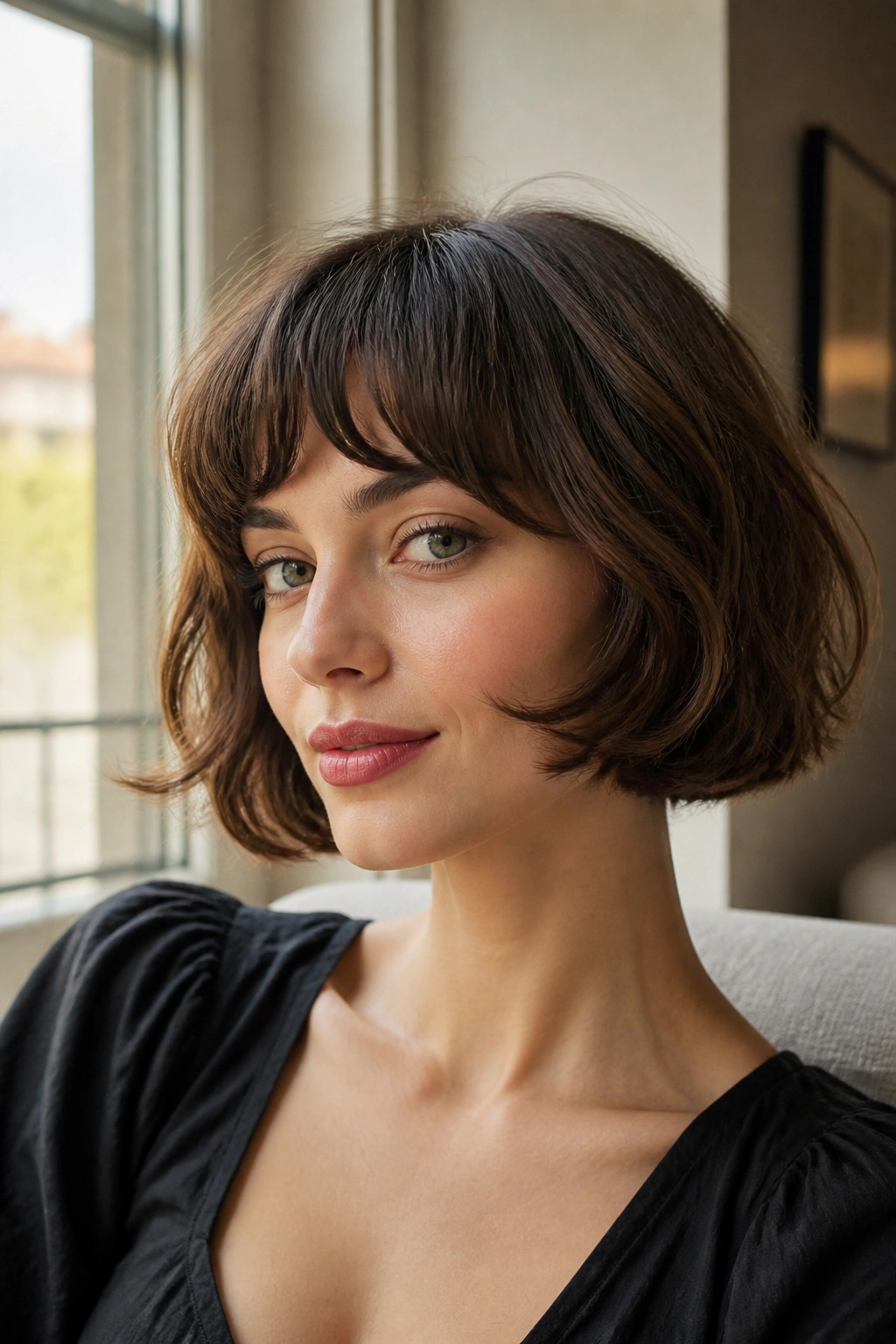 Close-up of a real woman with arched bangs and a bouncy French bob by a window
