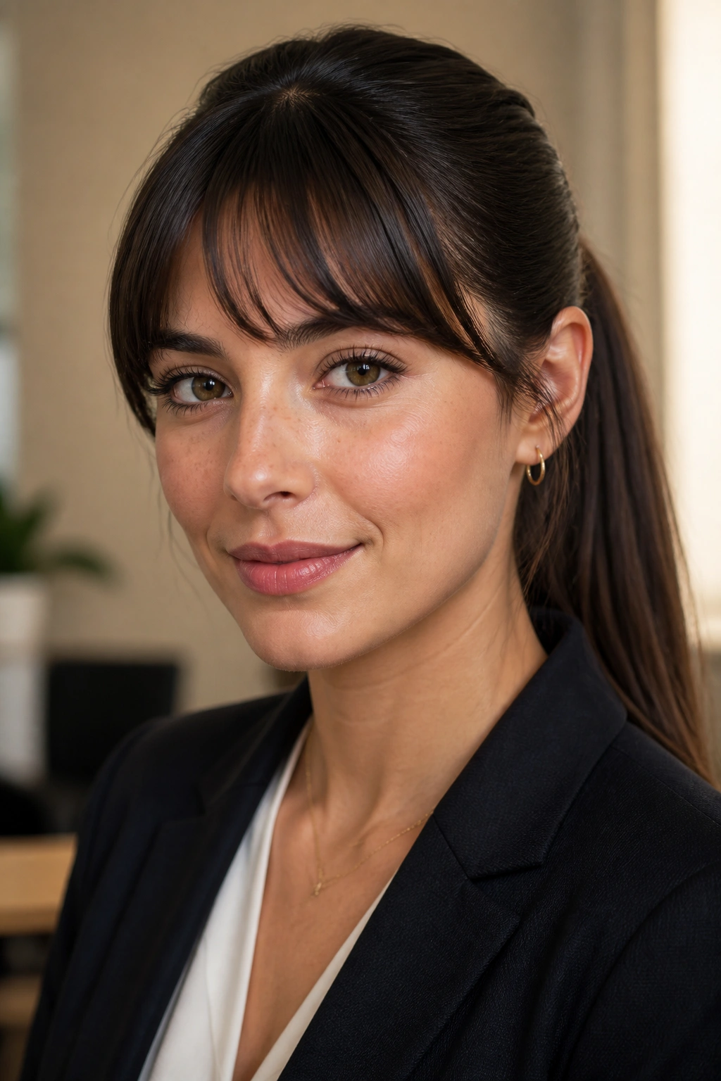 Close-up portrait of a real woman with arched bangs and a polished ponytail