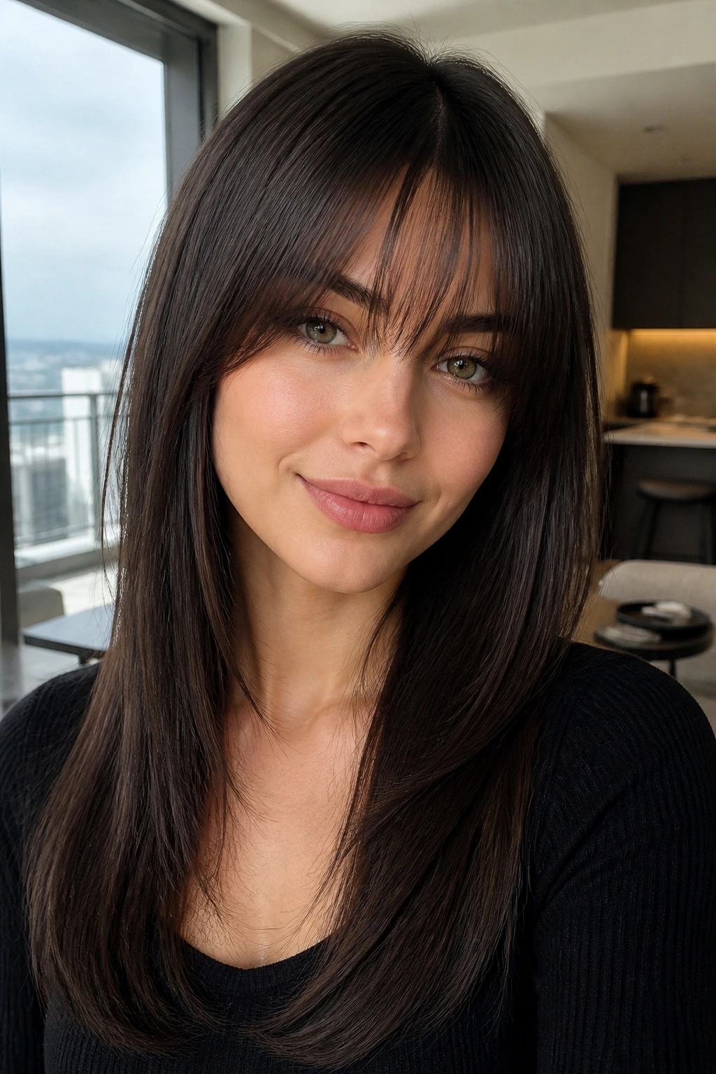 Portrait of real woman with long sleek cut and arched bangs indoors