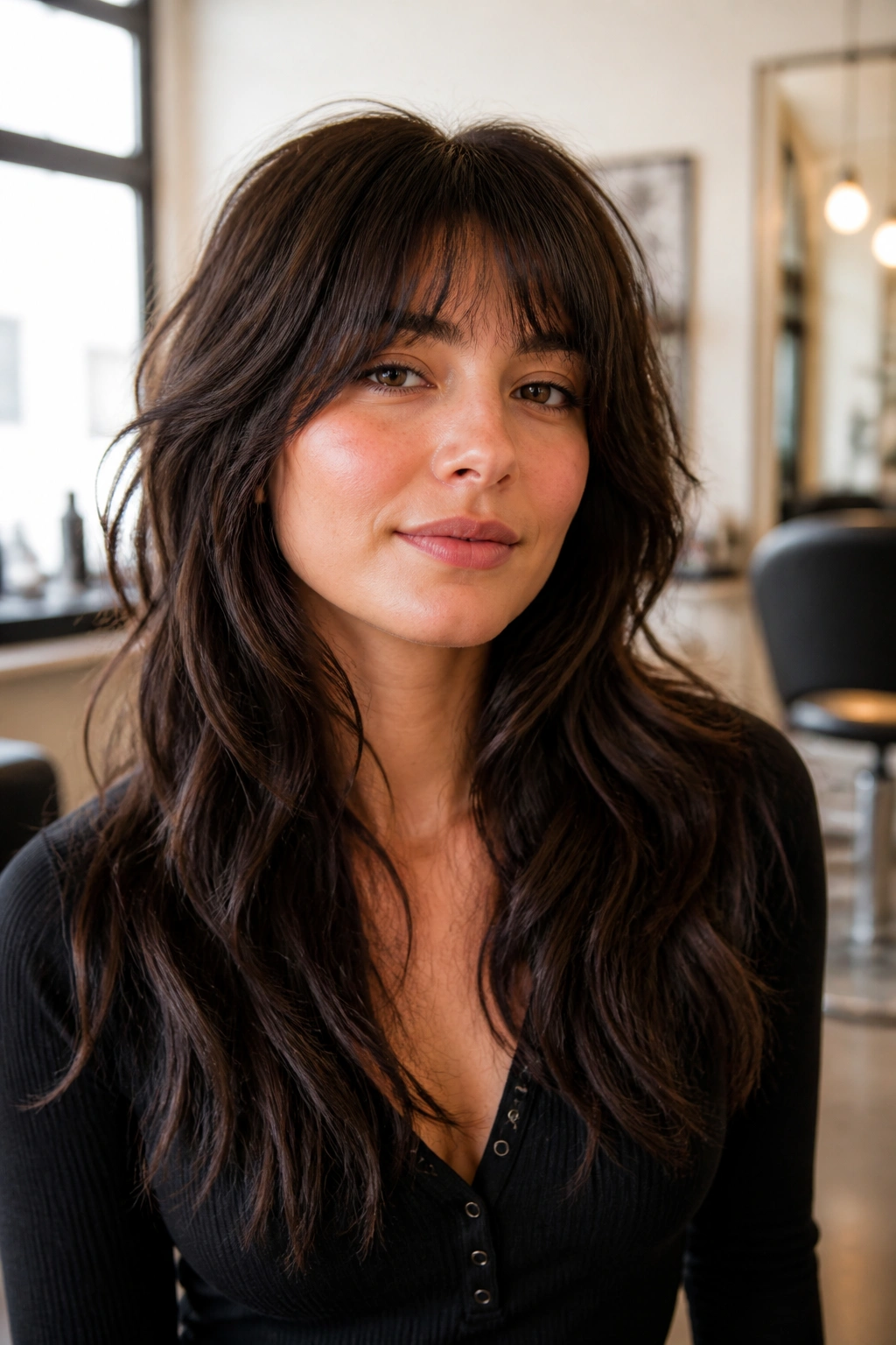 Close-up portrait of a real woman with arched bangs on a thick long shag