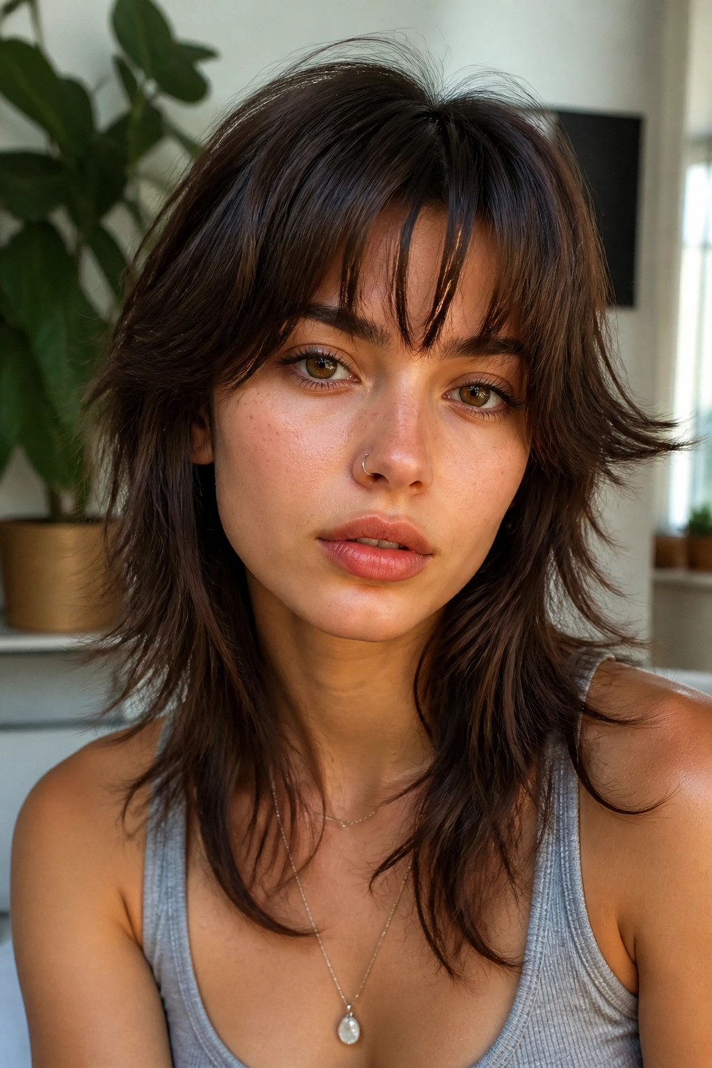 Real person with arched brow-grazing bangs on a wolf cut in soft interior lighting