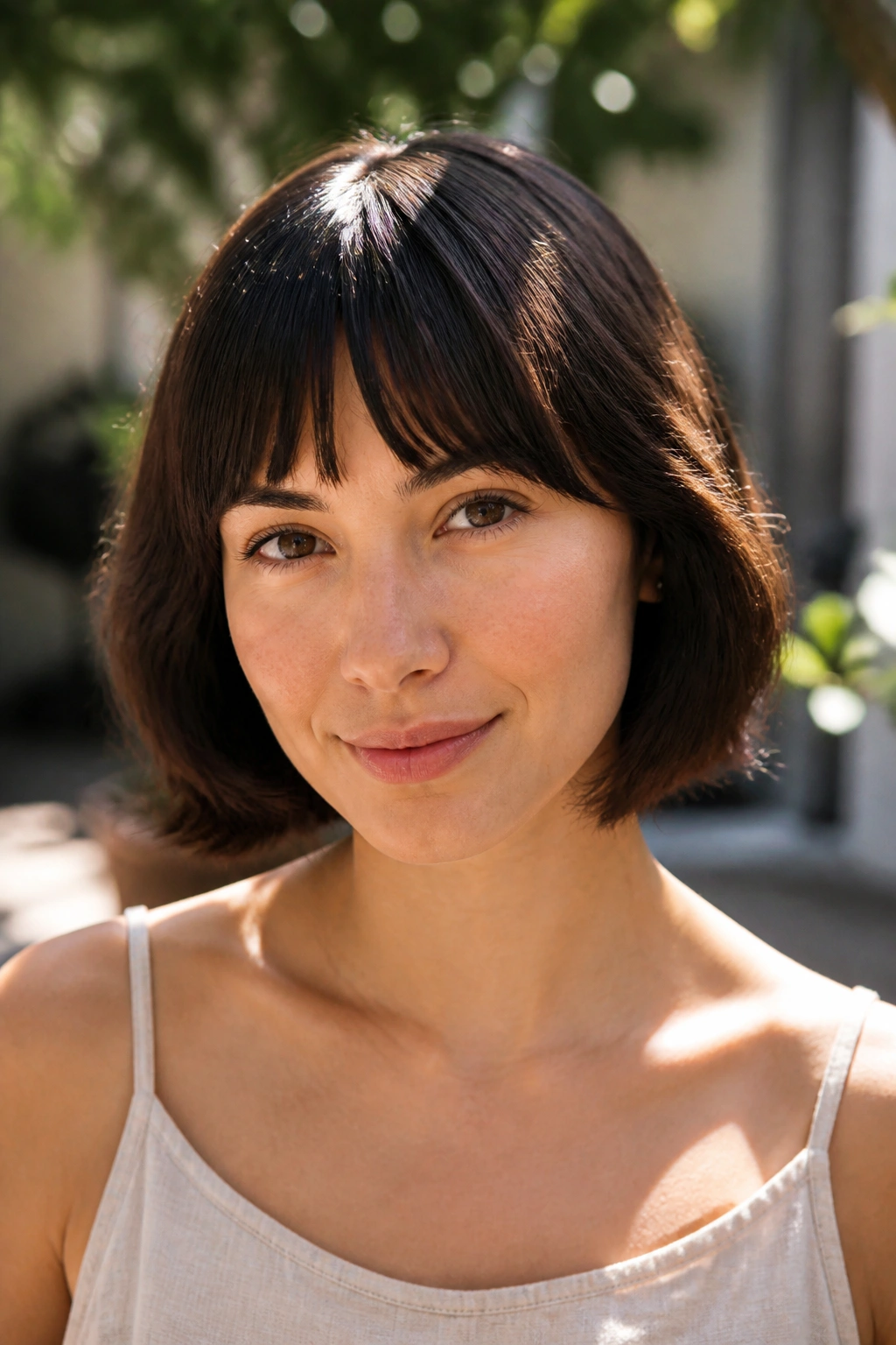 Close-up of a person wearing an arched brow-grazing fringe just below the brows