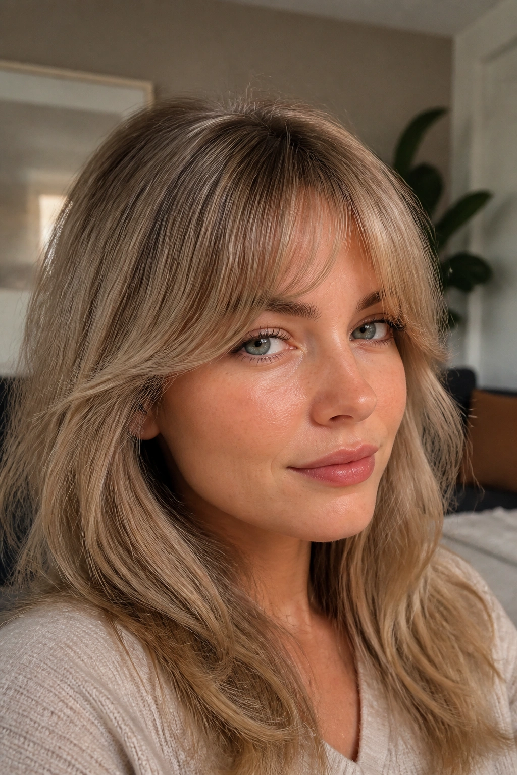 Close-up of a real person with arched feathered bangs and a soft curve