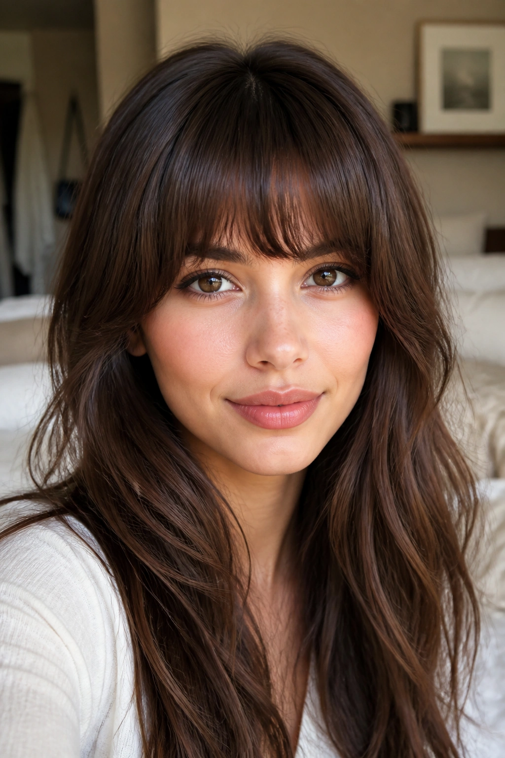 Close-up of a real woman with an arched fringe curving across the forehead