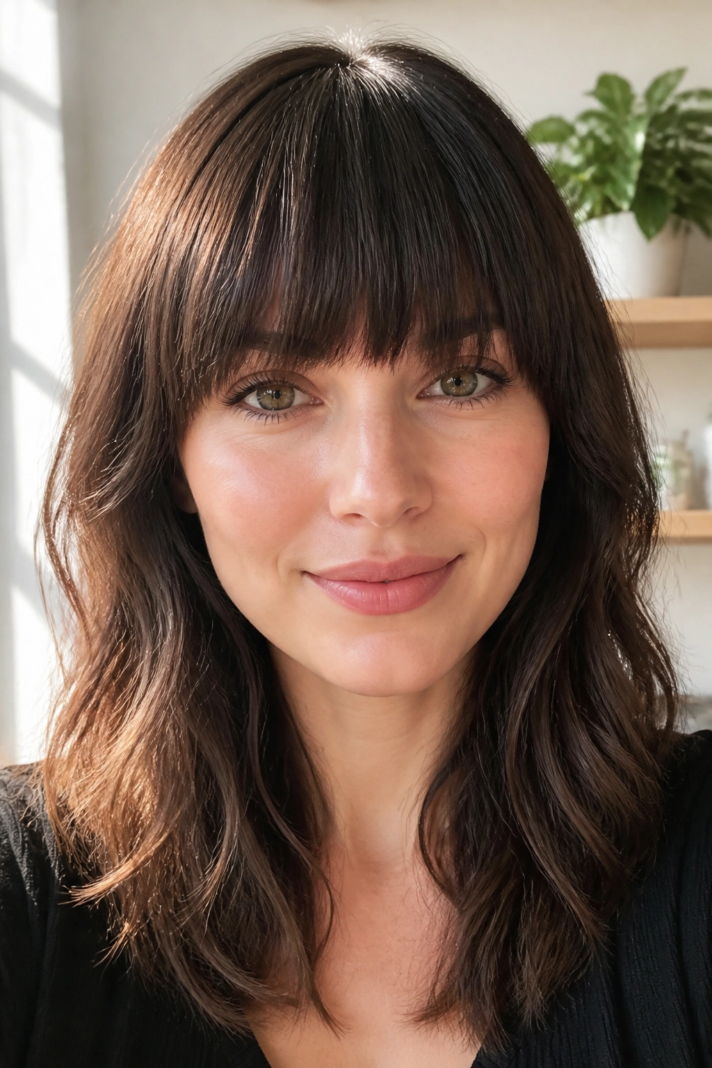 Close-up portrait of a real woman with an arched fringe following the brow line