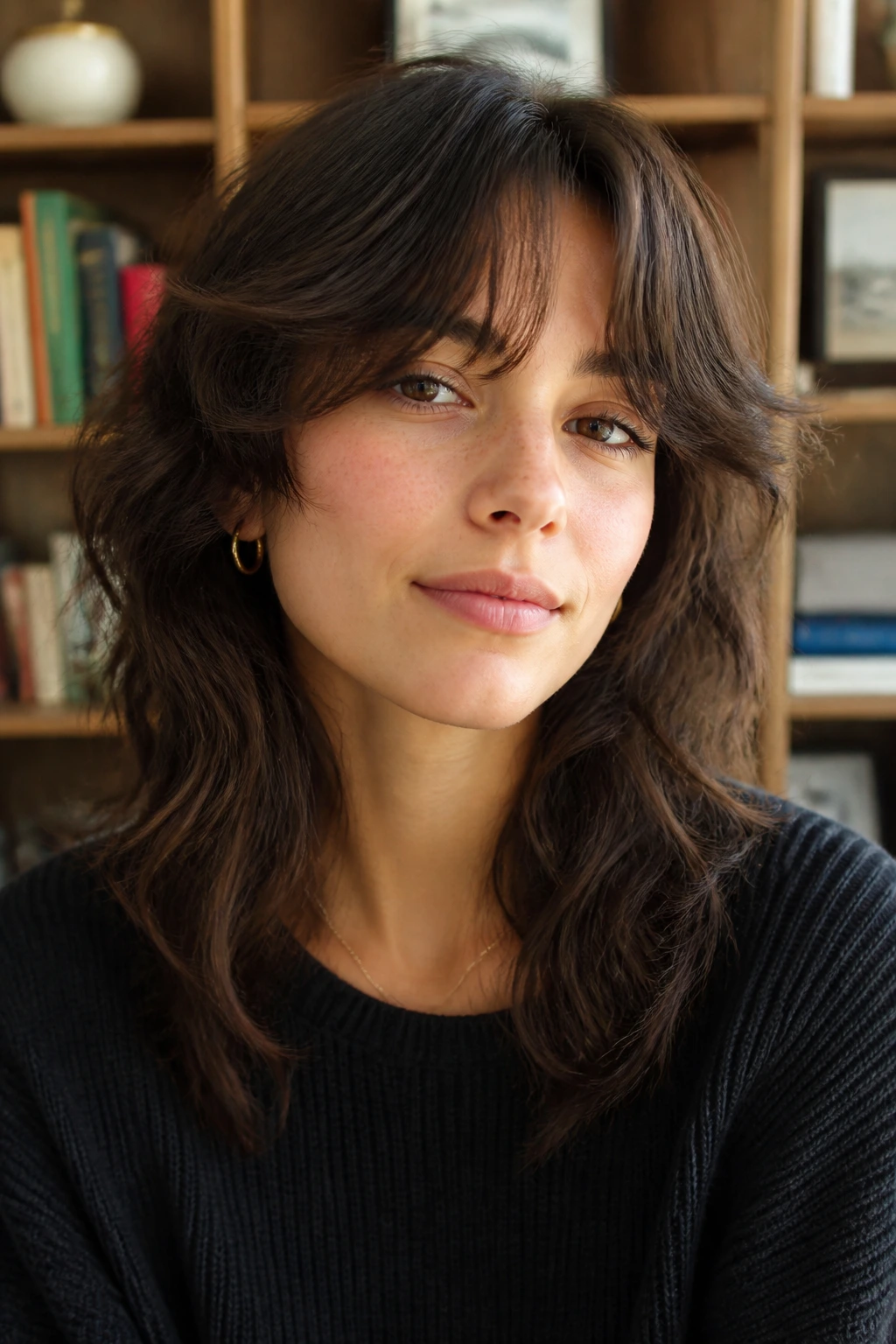 Portrait of a real woman with arched fringe shag in warm indoor light