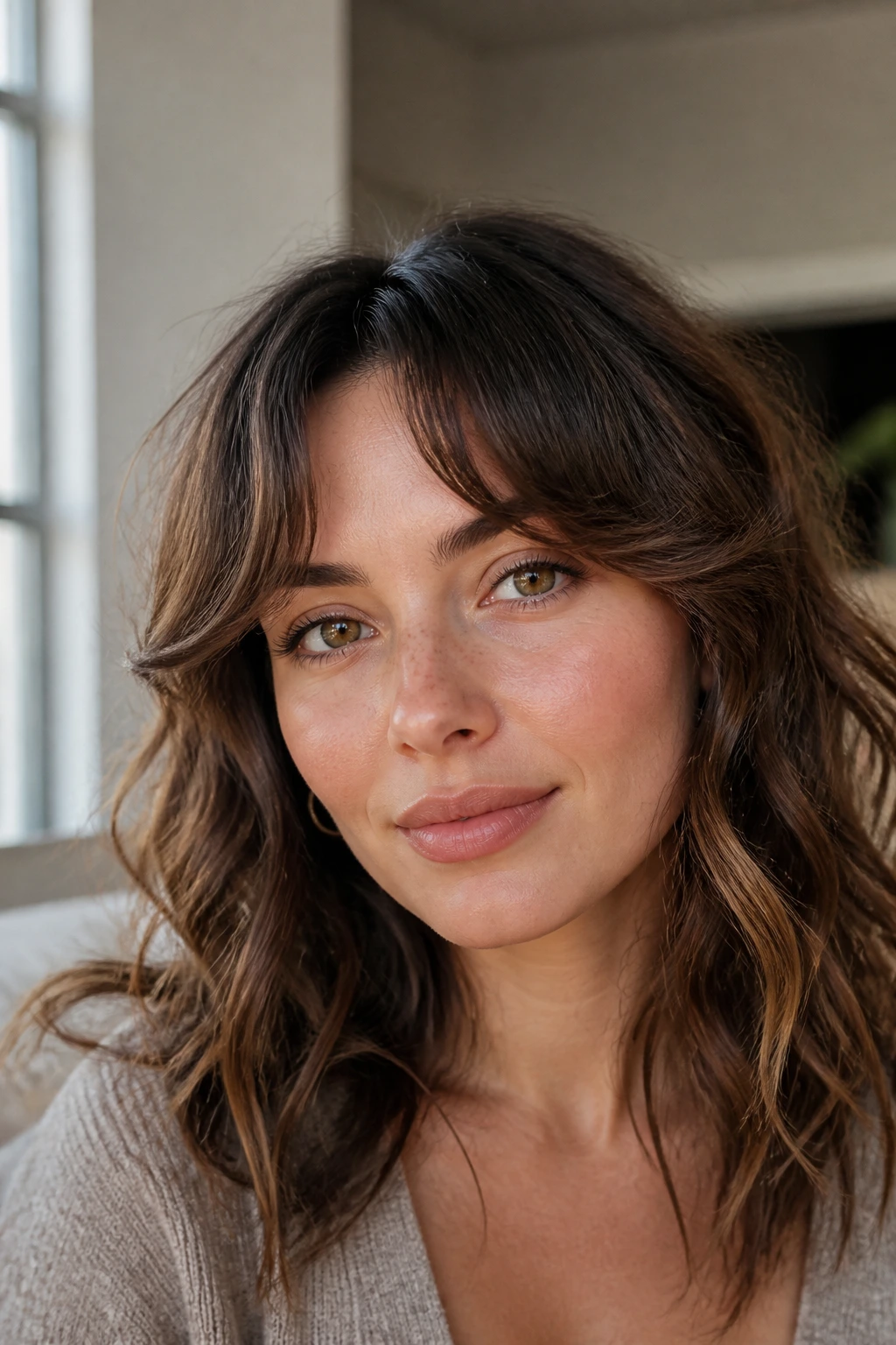 Close-up portrait of a real woman with an arching fringe and waves
