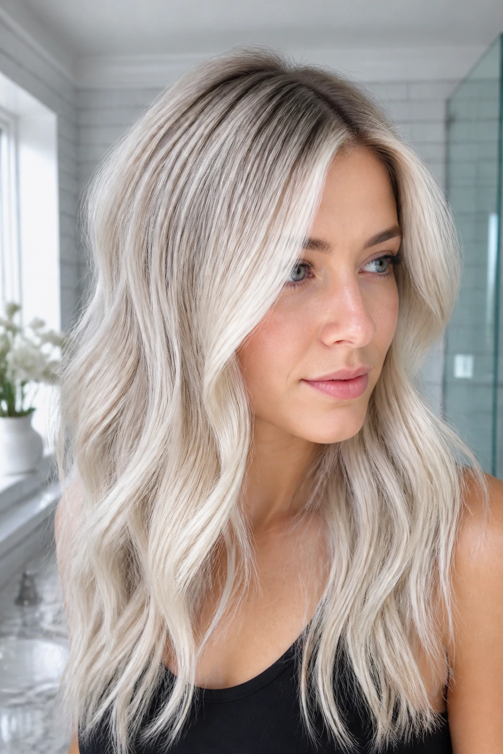 Close-up portrait of a real woman with Arctic Blonde Blend showing icy ends and cool root
