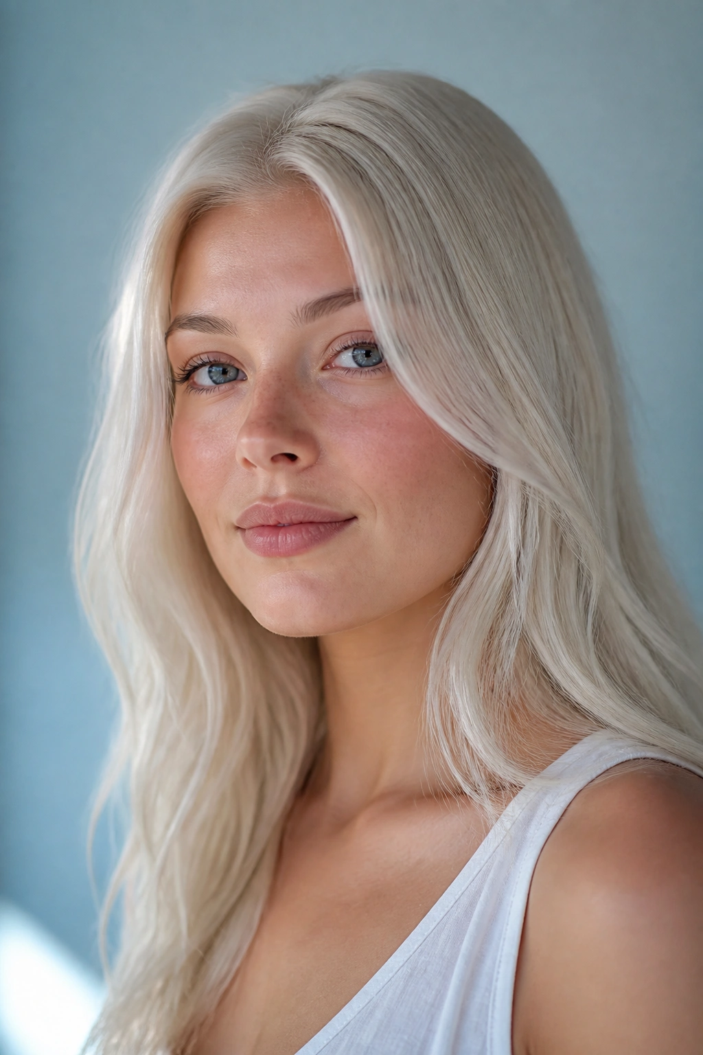 Close-up portrait of a person with Arctic Pearl Blonde hair in cool window light.