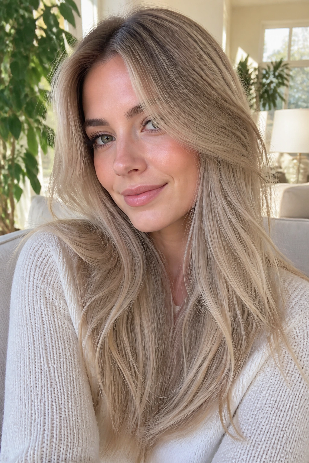 Close-up of ash beige blonde hair on a real person in a sunlit living room