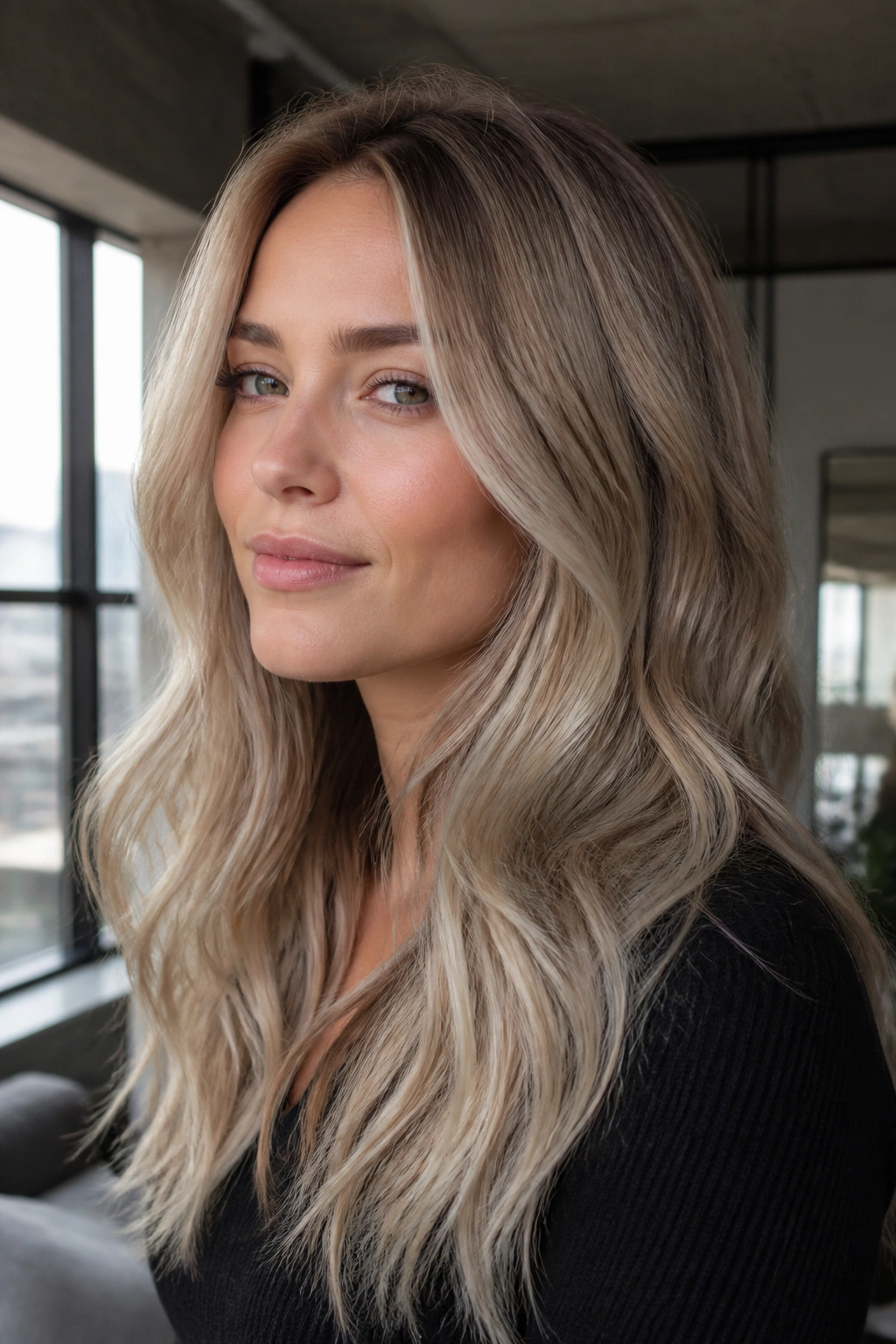 Close-up of a real woman with ash beige blonde hair in a cool smoky shade.