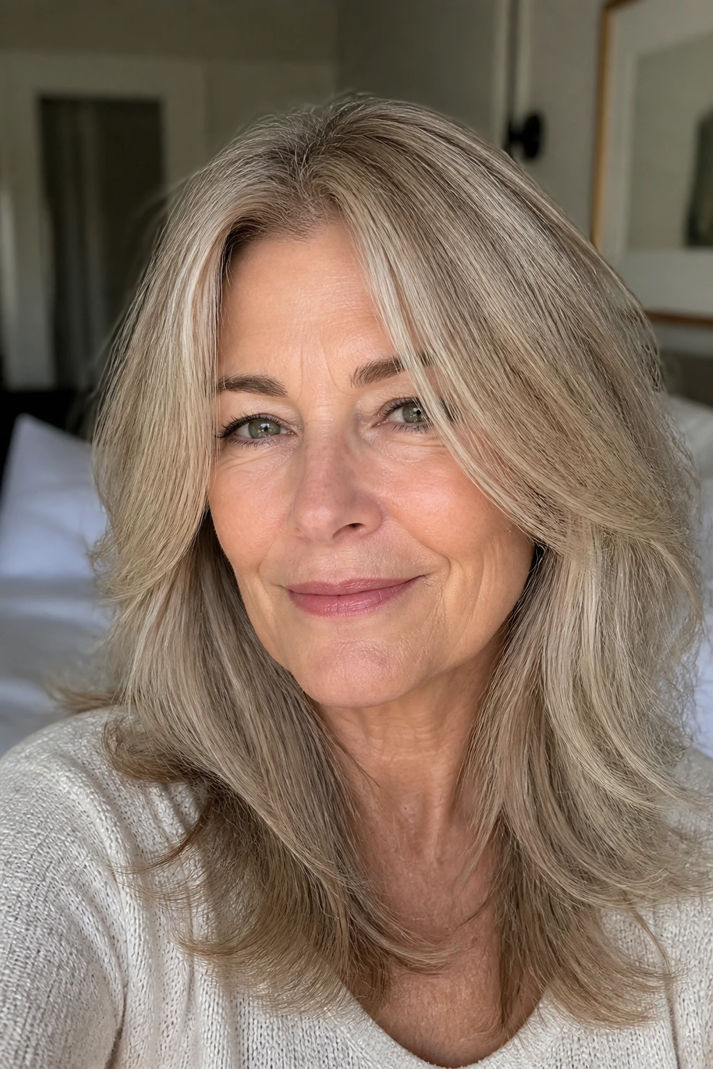 Close-up portrait of a real woman with ash beige blonde hair in soft window light