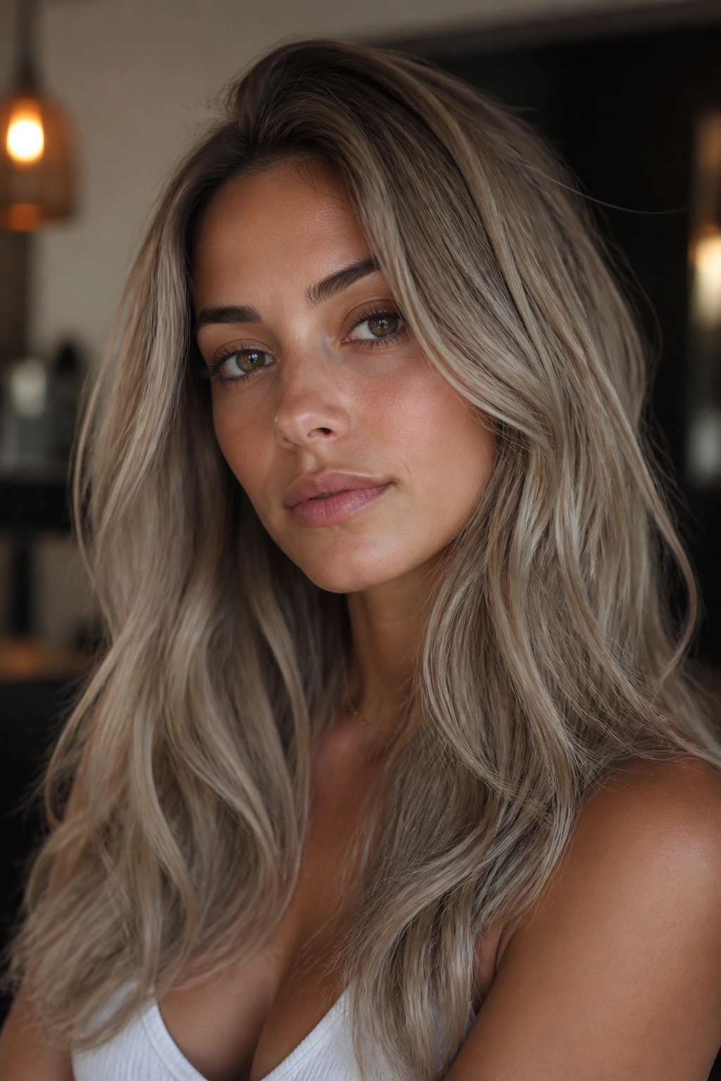 Close-up portrait of a real woman with ash beige blonde hair and olive undertone in moody lighting