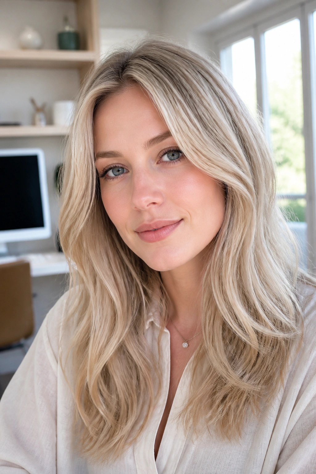 Close-up portrait of a real person with ash beige blonde hair in bright daylight