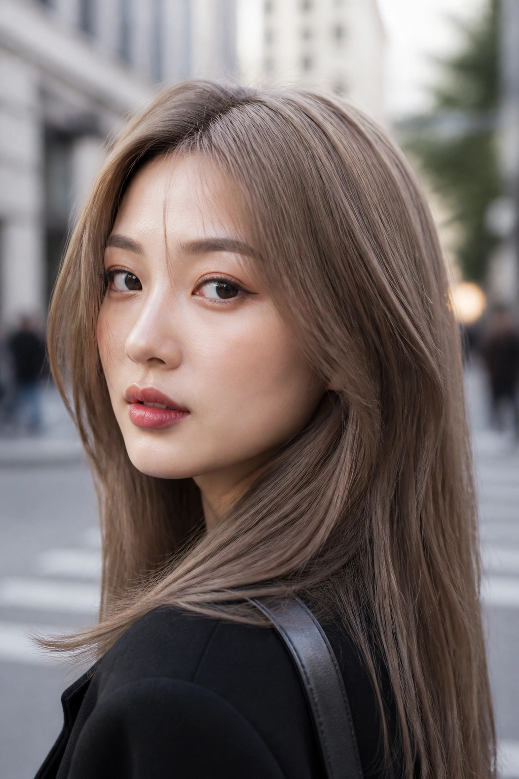Portrait of a woman with ash beige brown hair in cool tones