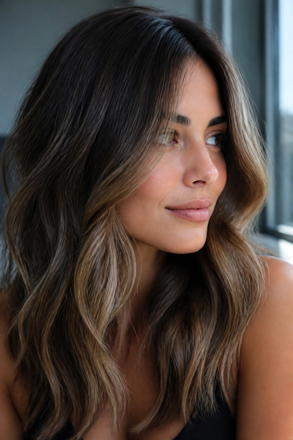 Brunette hair with ash beige highlights for a soft cooler glow