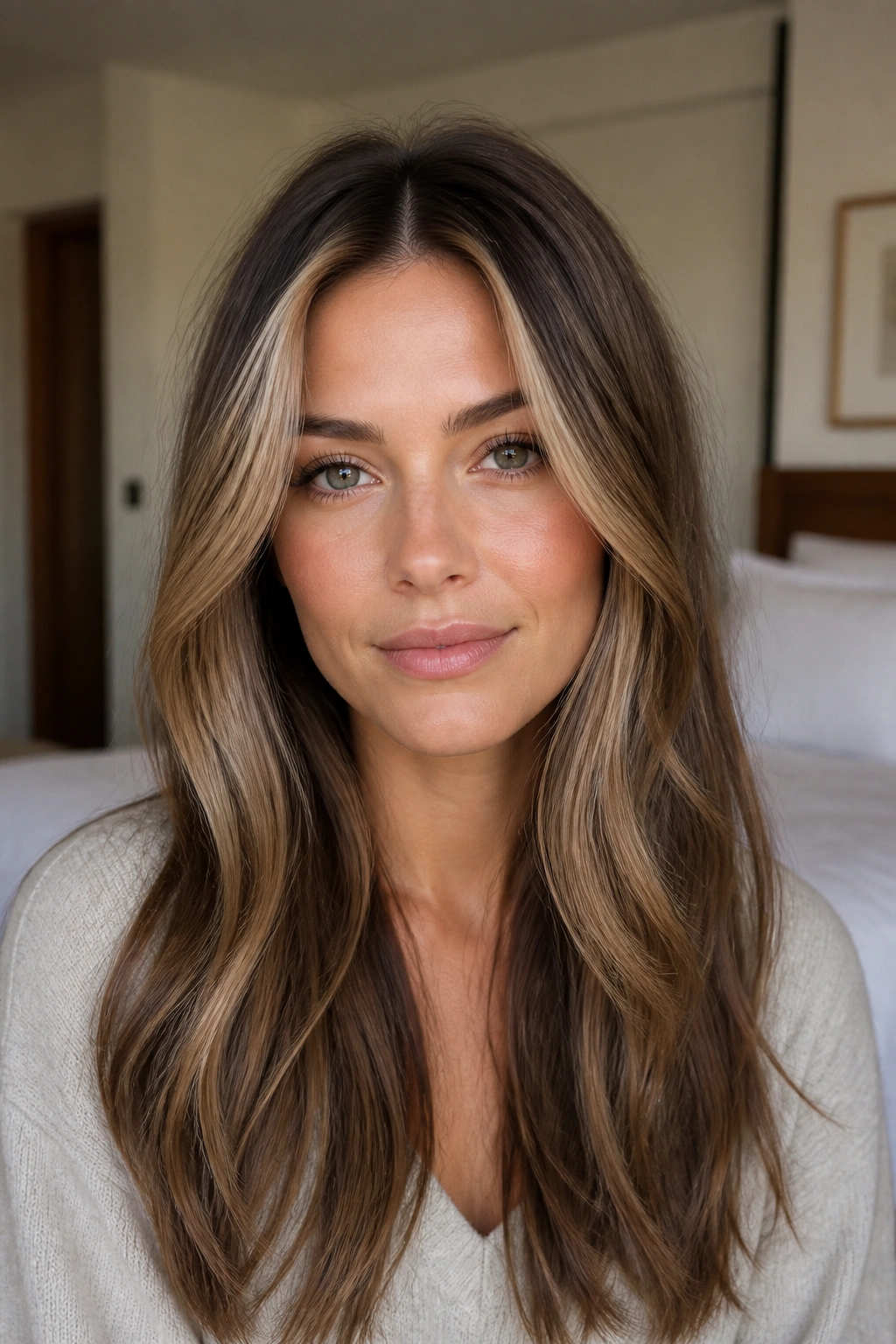 Portrait of a real woman with ash beige contour highlights around the front of long hair.