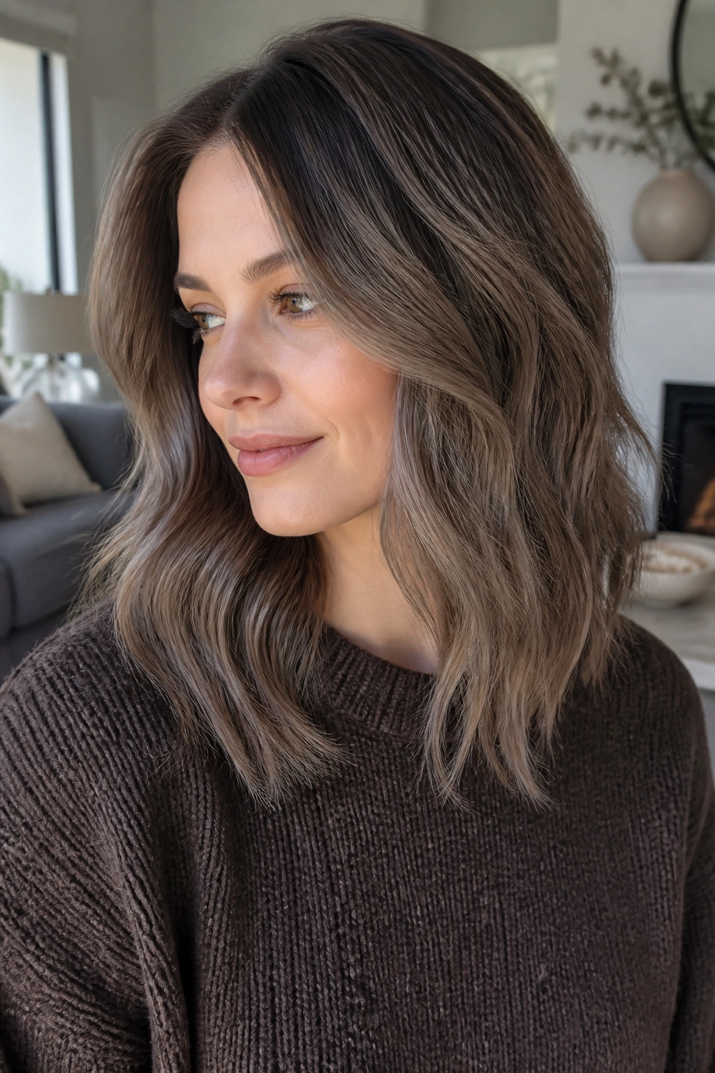 Portrait of a woman with mushroom brown hair showing ash-beige depth