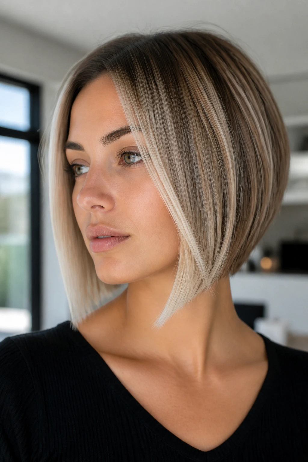 Close-up of a real person with a cool ash blonde angled bob near the cheekbone.
