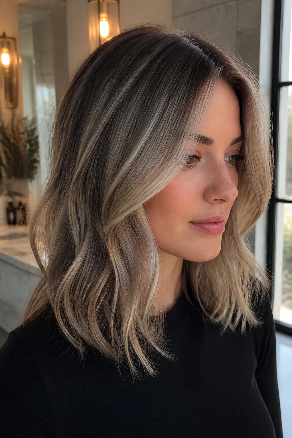 Real woman with dark root and ash blonde babylights