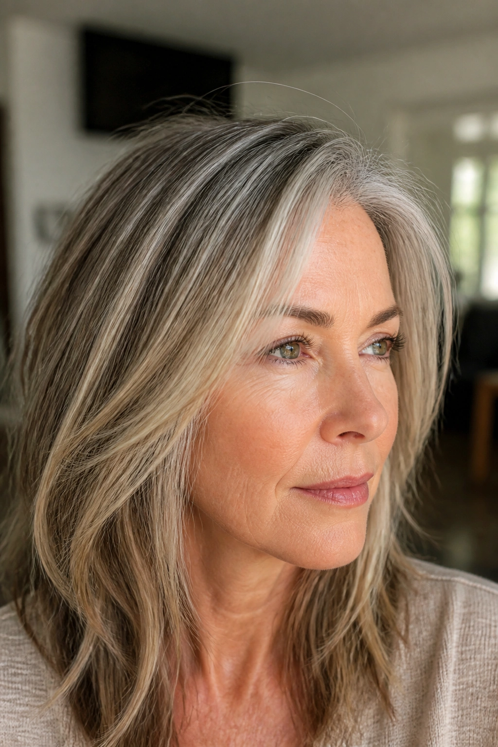 Portrait with ash blonde babylights through early grey hair