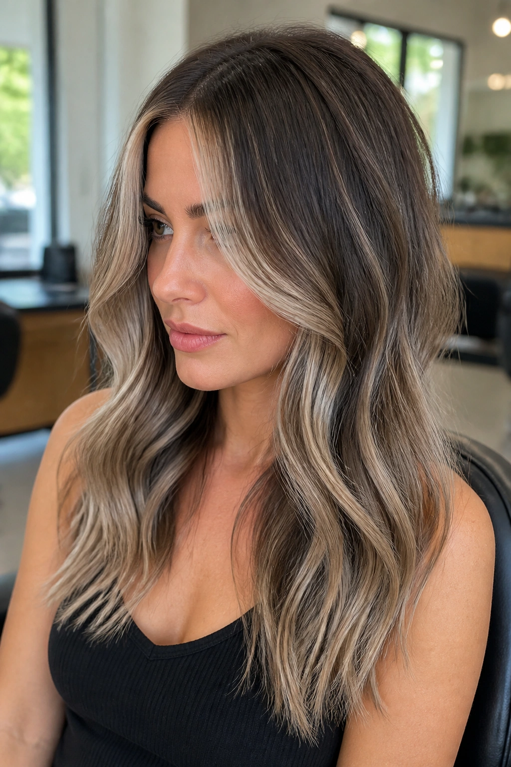 Close-up of a real woman with ash blonde balayage on brunette base
