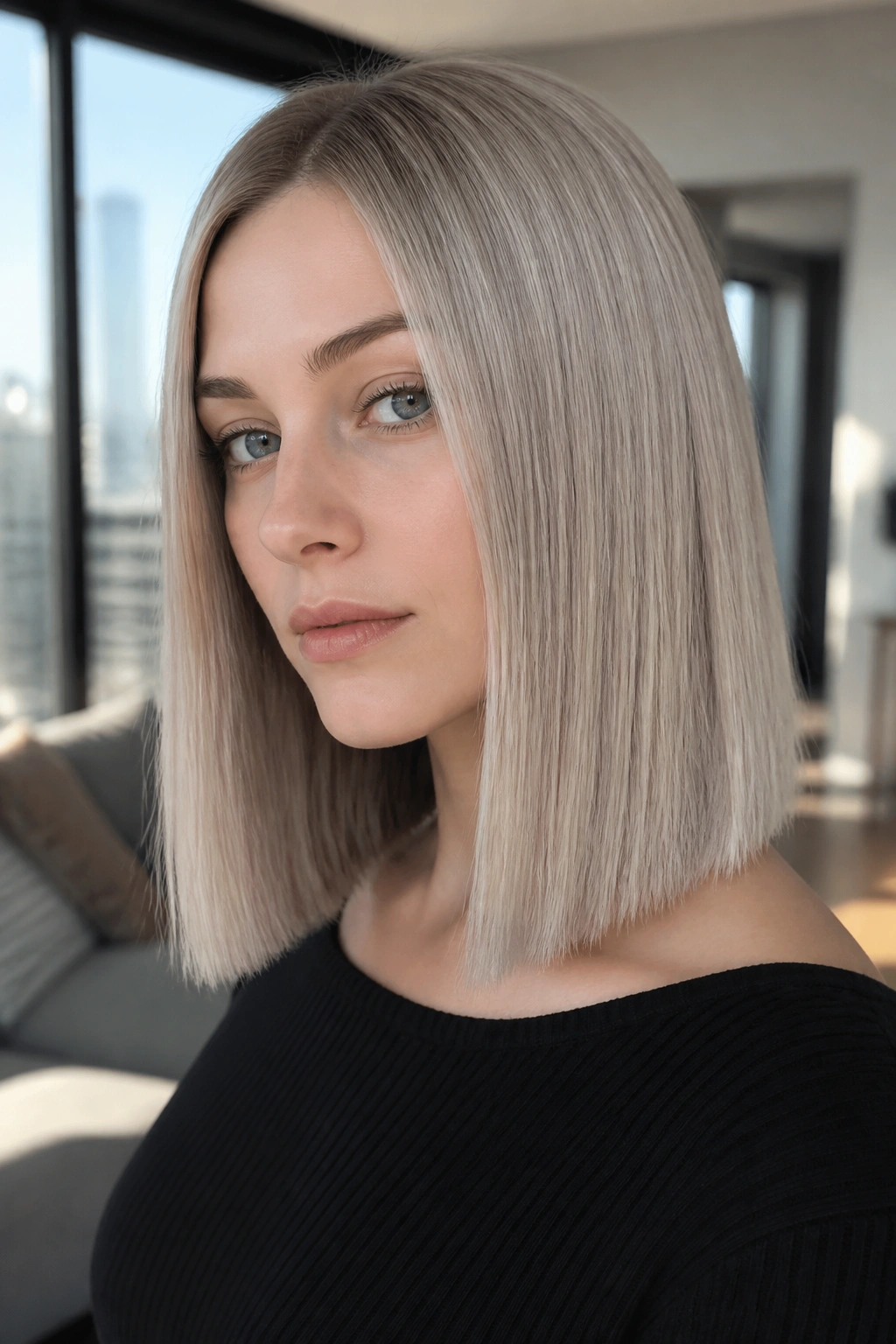 Close-up portrait of a real woman with blunt midi cut in cool ash blonde, crisp ends.