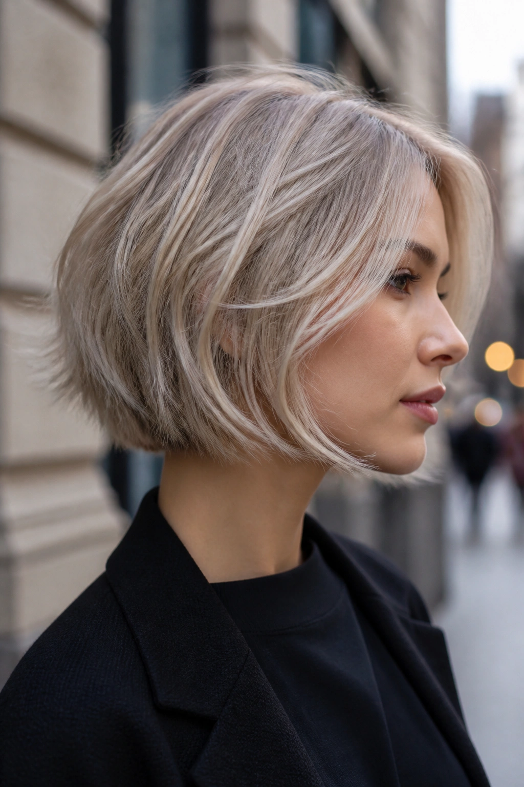 Real woman with ash blonde razor-cut bob and feathered tips