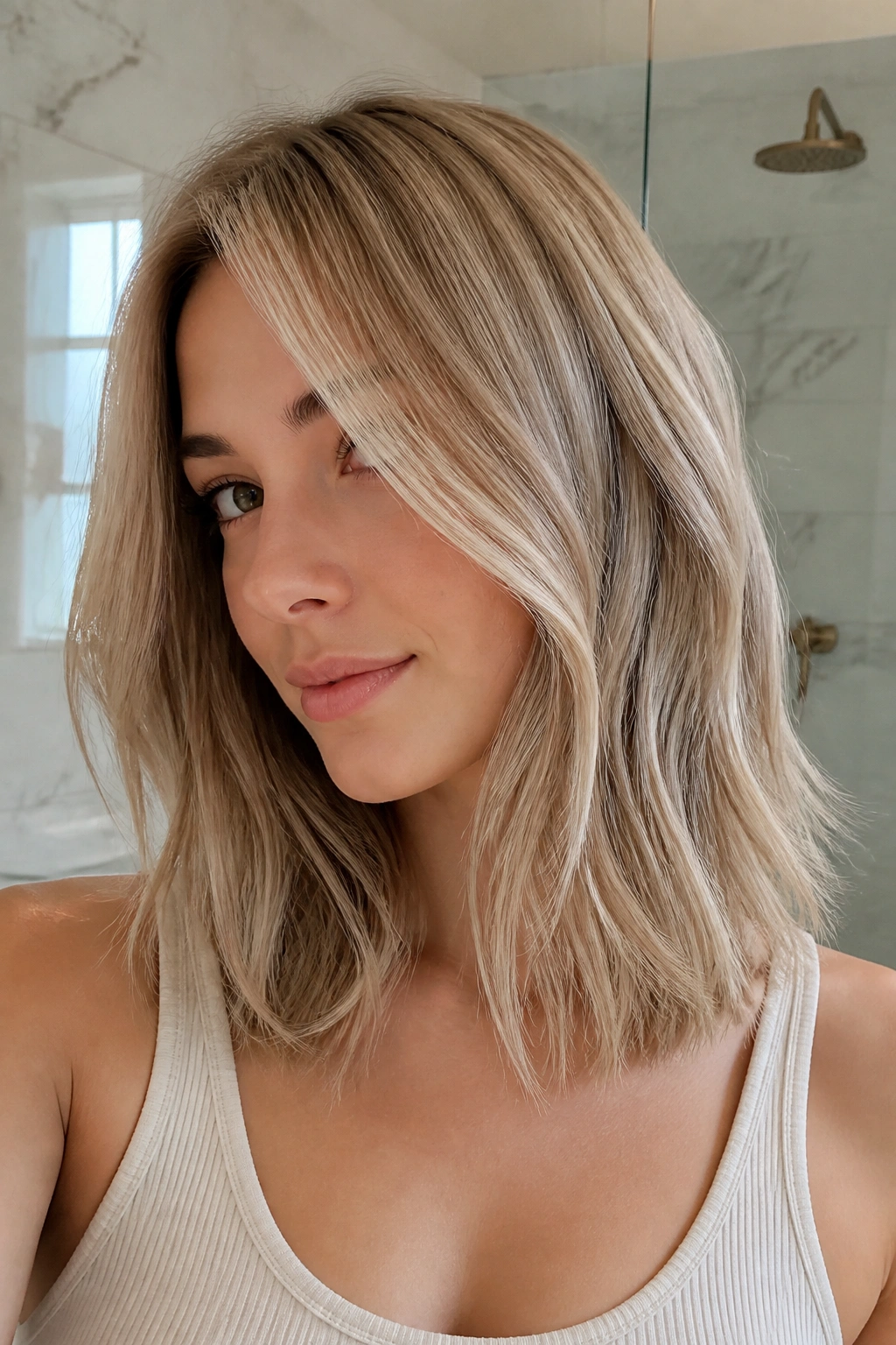 Real woman with ash blonde hair and muted caramel lowlights