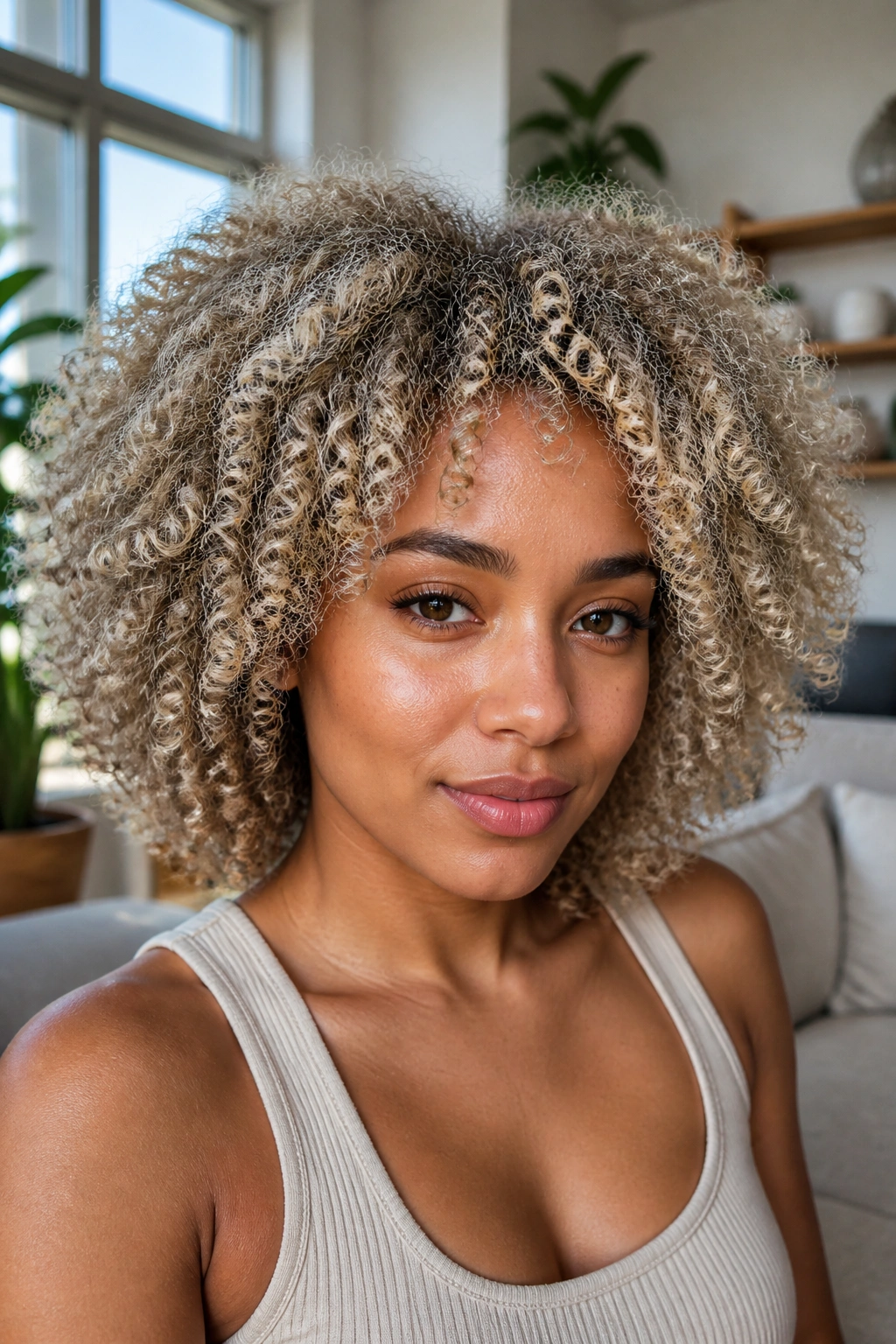 Close-up of real woman with ash blonde on coily hair, cool-toned, glossy.