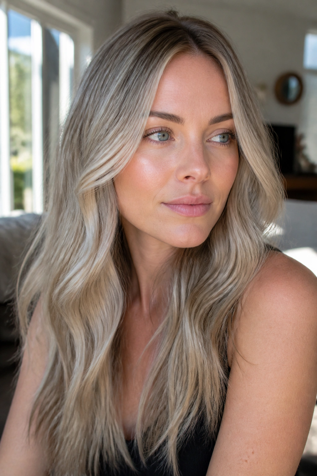 Close-up portrait of a real woman with ash blonde hair and cool, muted tones in natural light.