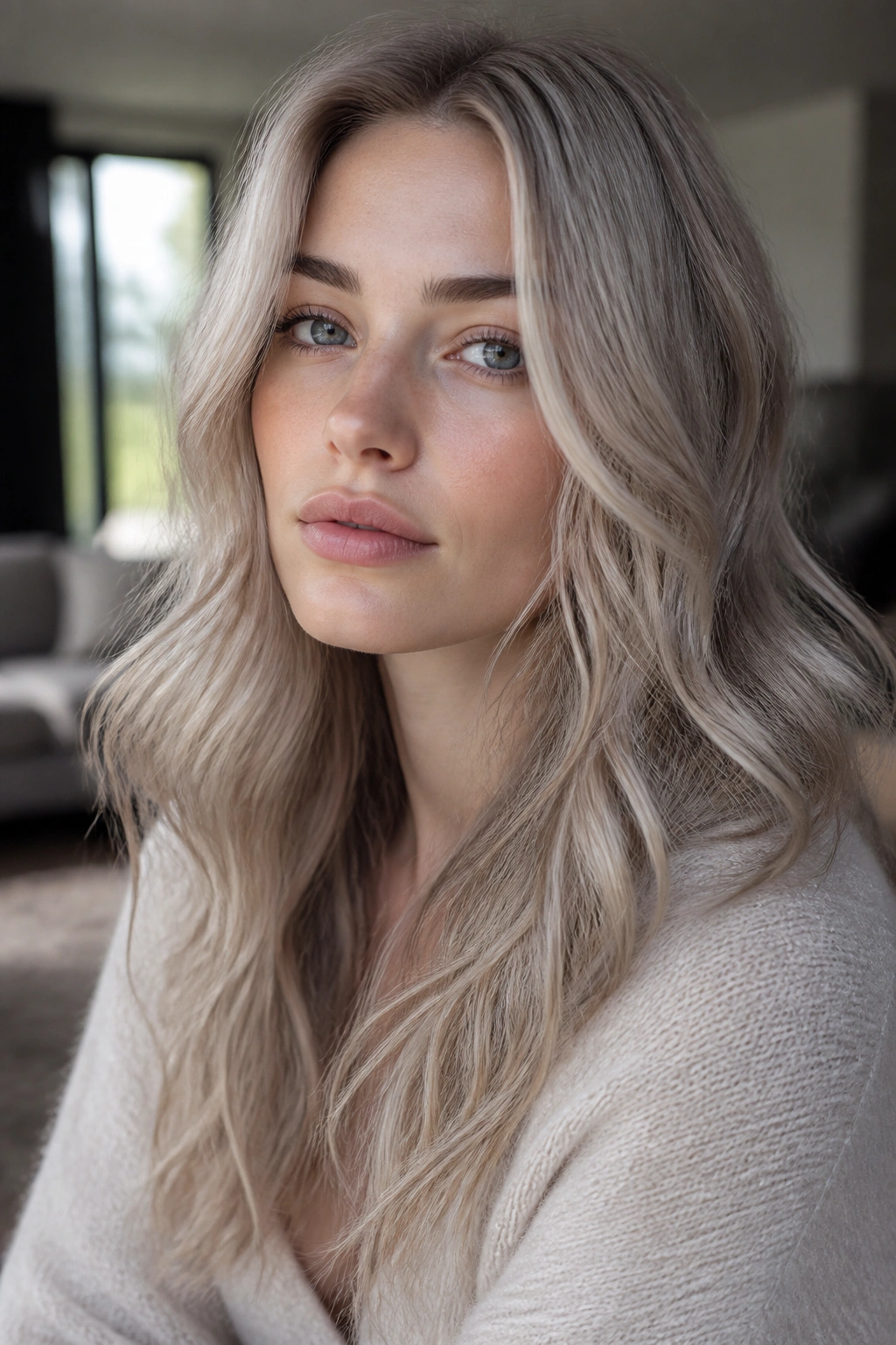 Close-up portrait of a real person with ash blonde hair and cool silver tones