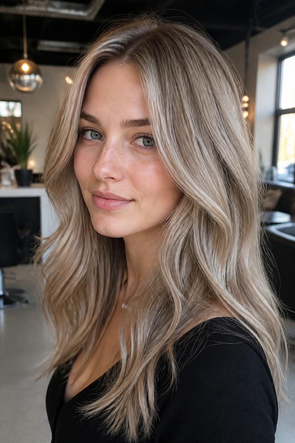 Close-up of a person with soft ash blonde hair under natural daylight.