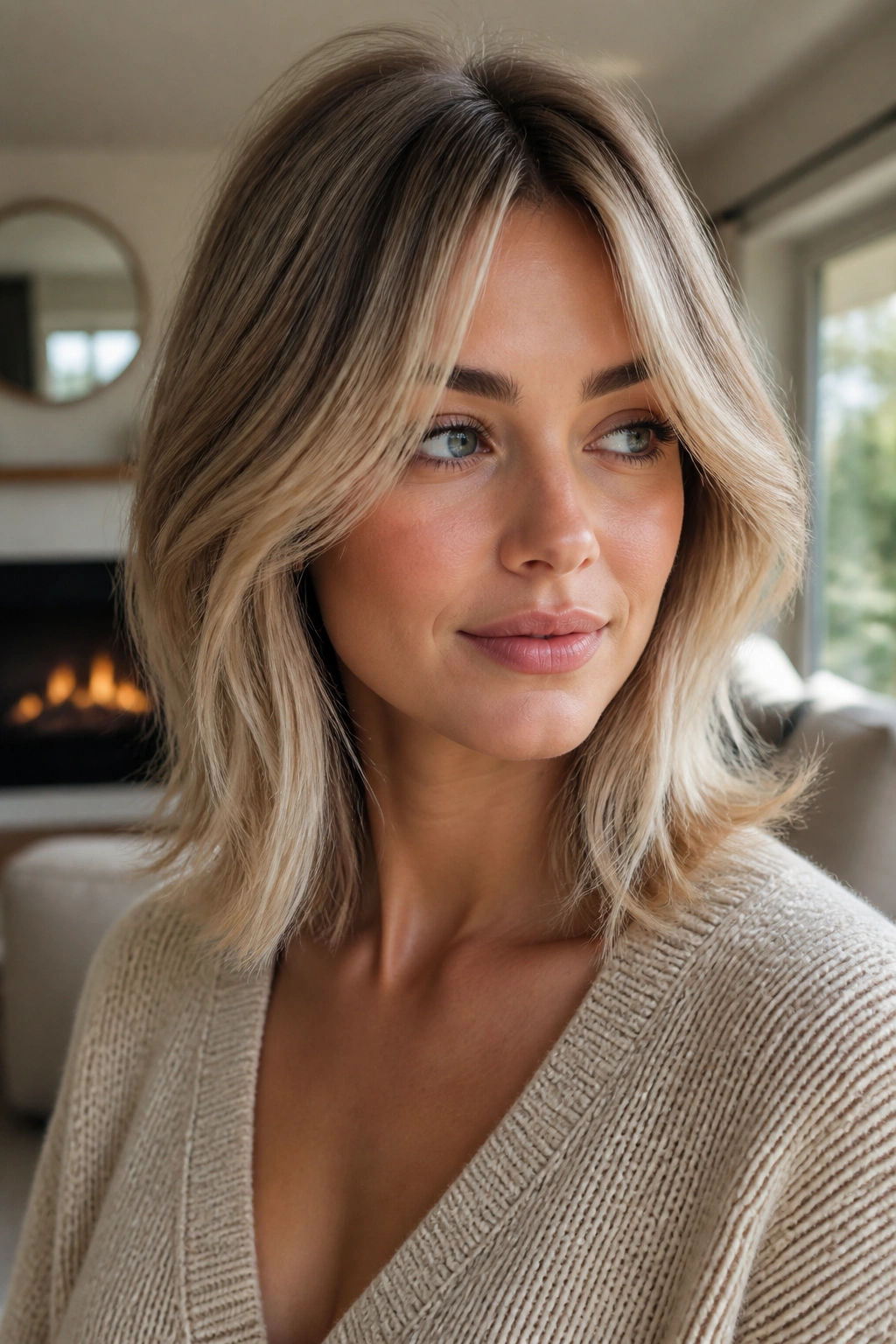 Real woman with rooted ash blonde and curtain bangs