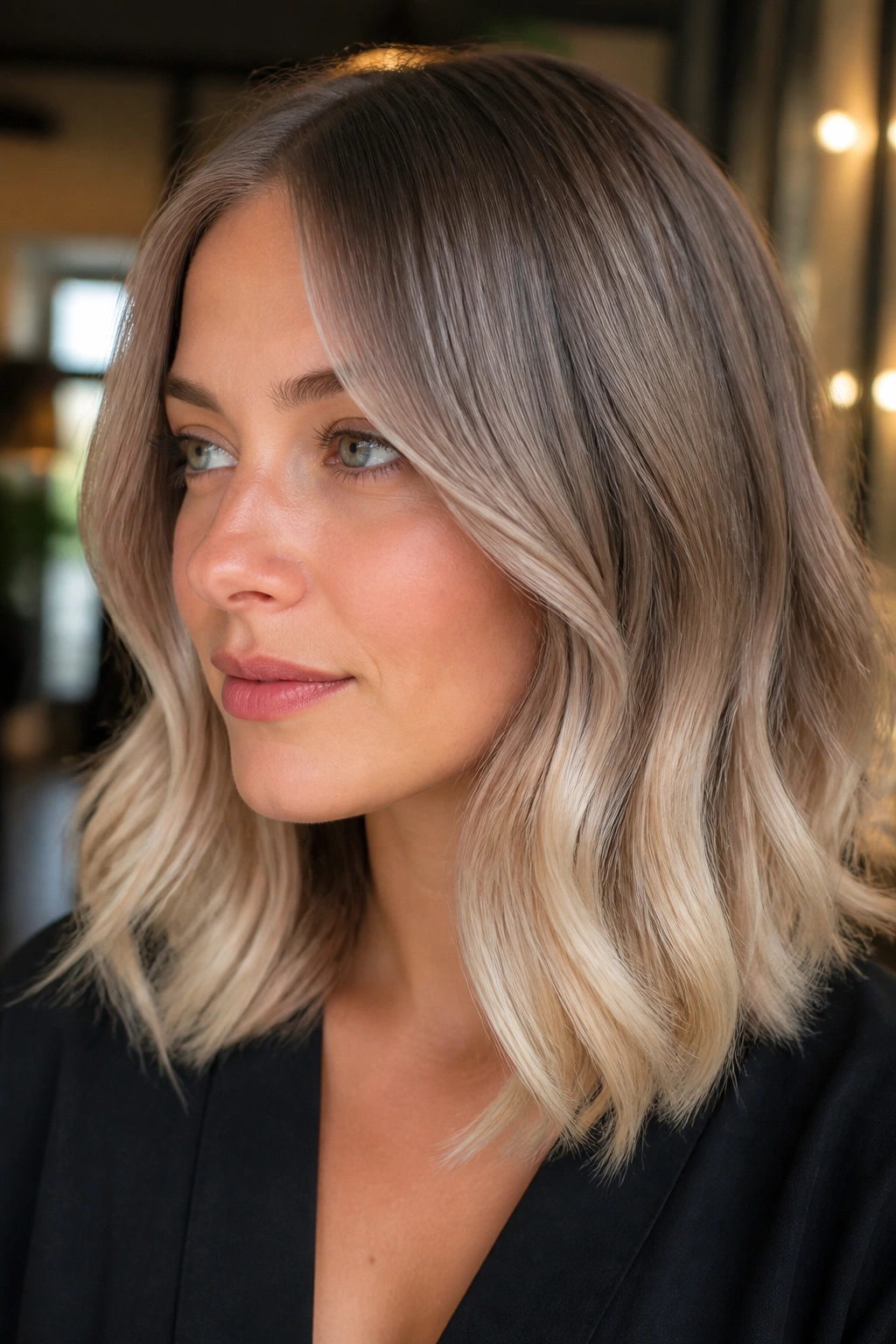 Close-up of a real woman's hair with satin champagne ash blonde ends on medium-length hair