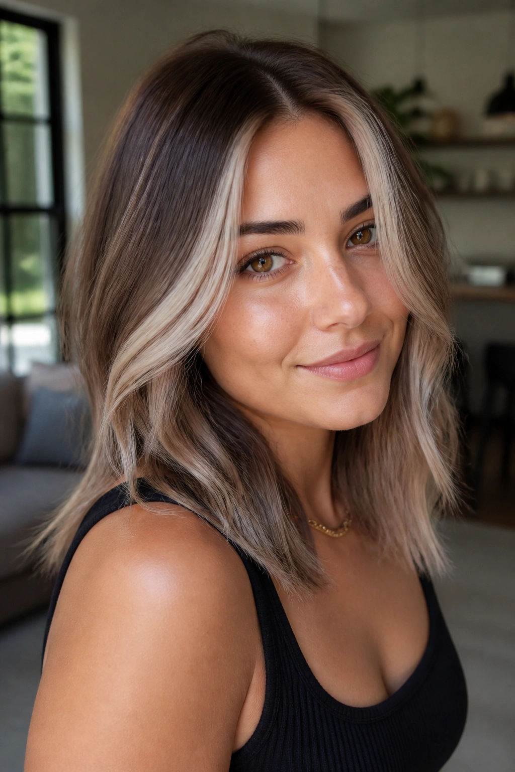 Close up of a woman with ash blonde face framing highlights and darker base
