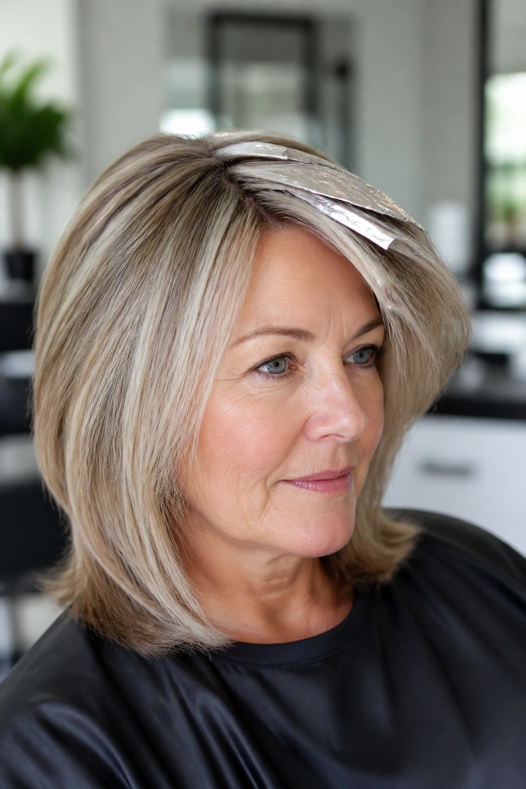Portrait of a real woman with ash blonde foils around the hairline.