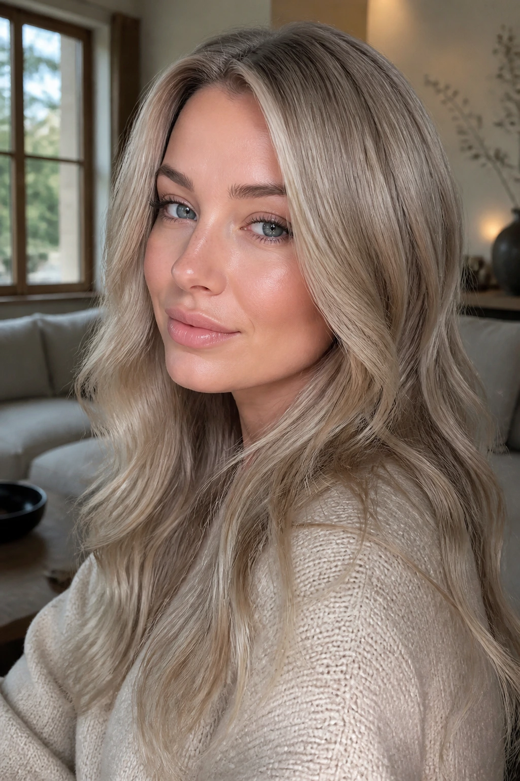 Close-up portrait of a real person with ash blonde hair in natural light