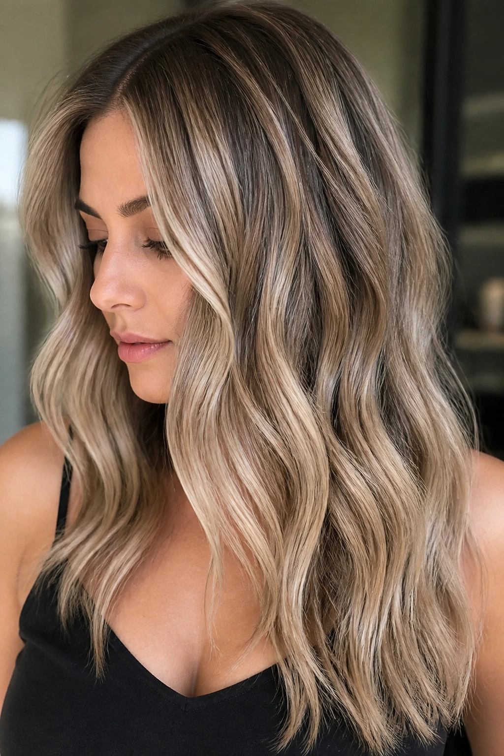 Close-up of a real person with ash blonde ribbon highlights in hair