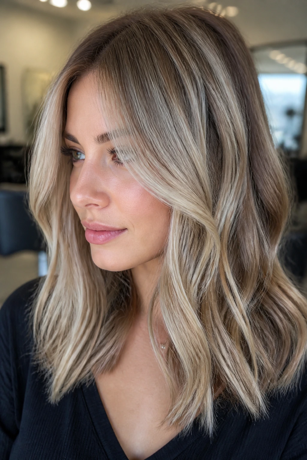 Portrait of real woman with cool ash blonde highlights for movement