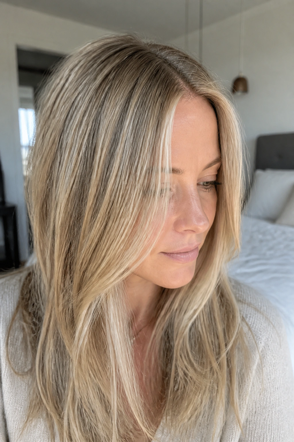 Close-up portrait of a real woman with ash blonde highlights on fine hair