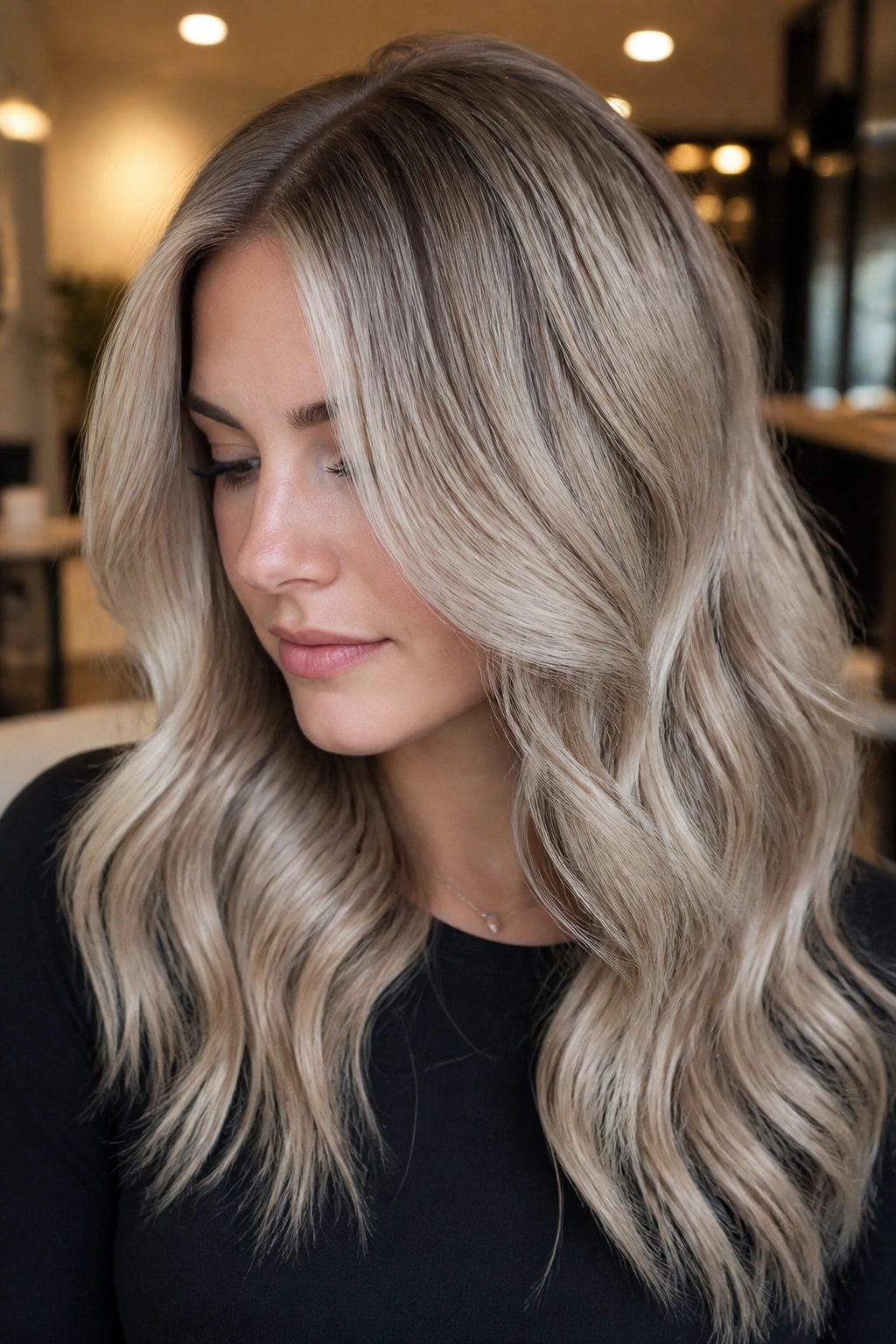 Portrait of a real person with dimensional ash blonde and cool lowlights.