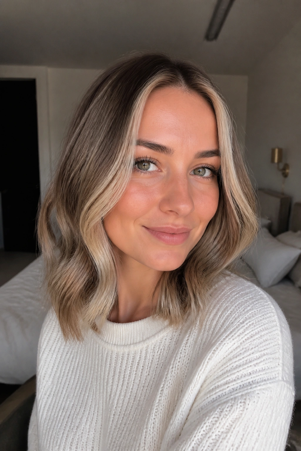 Close-up portrait of a real woman with ash blonde money piece around the face on shoulder-length hair