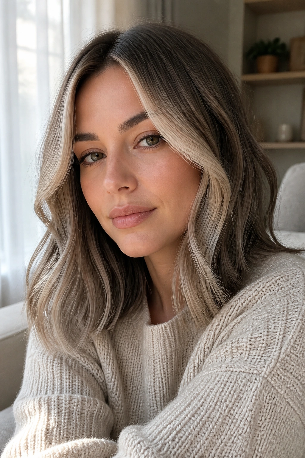 Close-up portrait of a real woman with ash blonde money piece around a soft lob