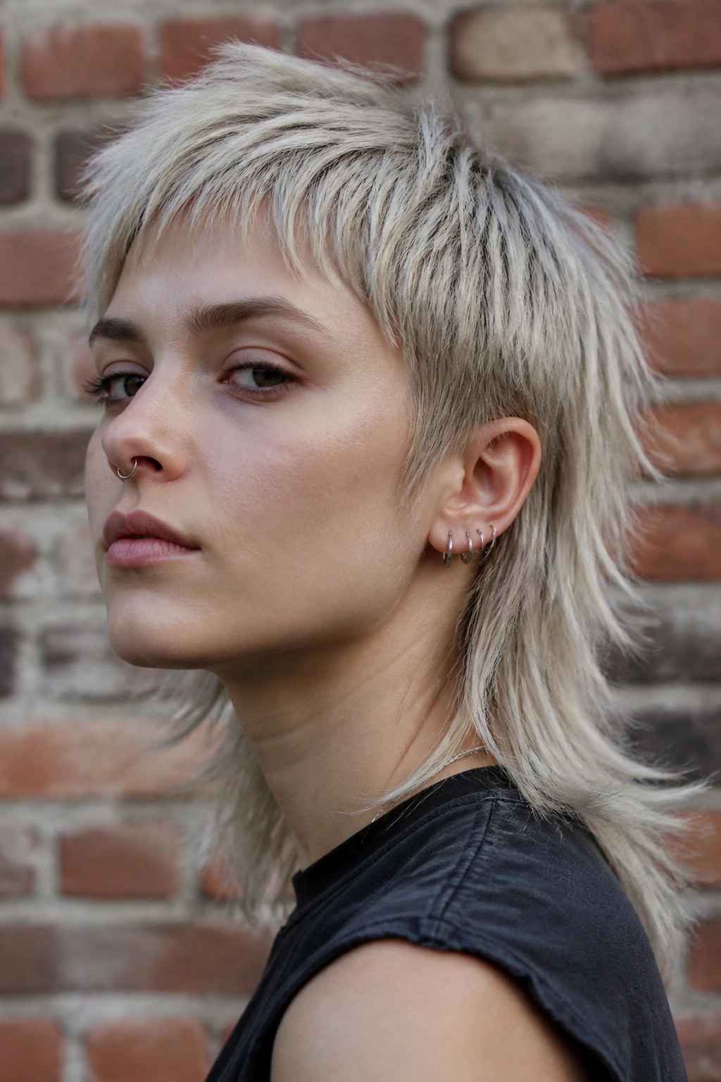 Portrait of a person with an ash blonde mullet and textured layers.