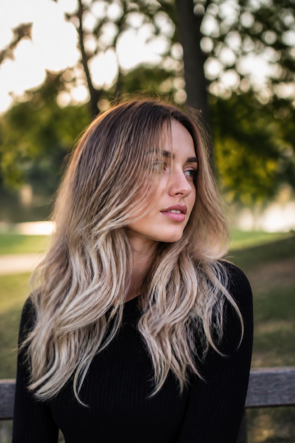 Real person with ash blonde ombré hair in natural sunlight.